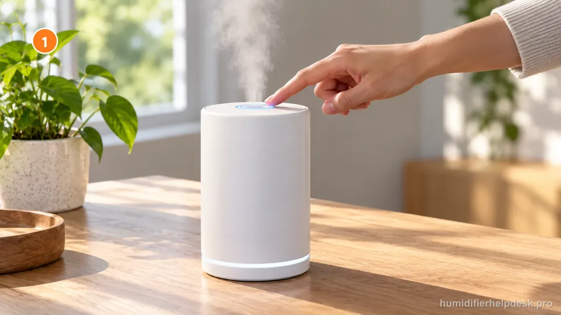 An adult presses the top control ring of a compact white humidifier while a visible mist plume confirms output.