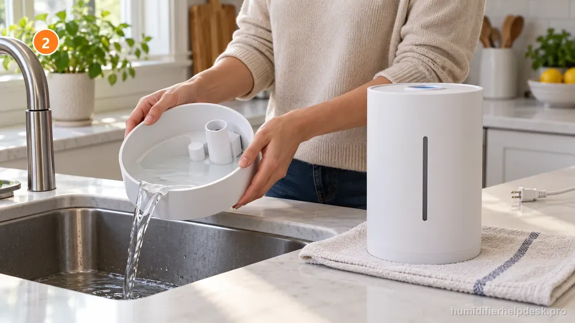 With the cord disconnected, excess water is poured from the shallow base chamber into a sink beside the upright tank.