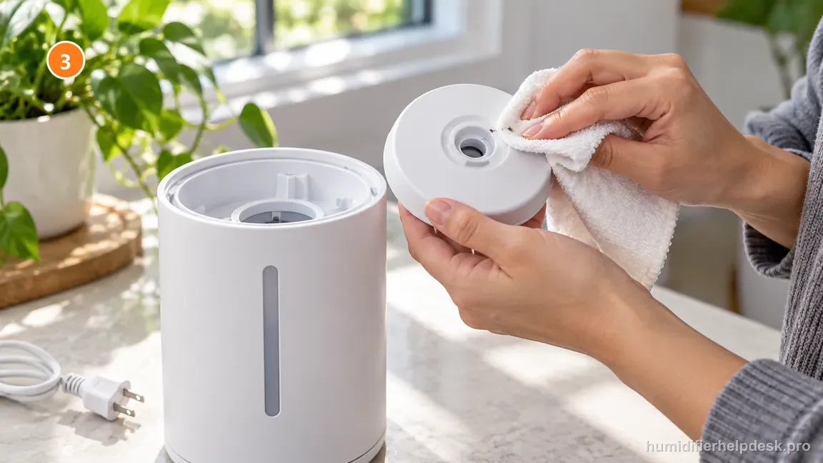 With the humidifier unplugged, a soft cloth clears the detached user-accessible nozzle above the open tank.