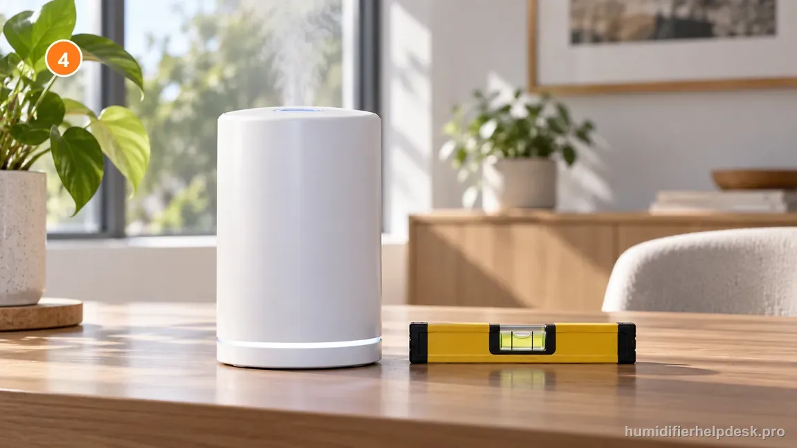 A compact white humidifier stands upright on a rigid tabletop beside a spirit level with a centered bubble.