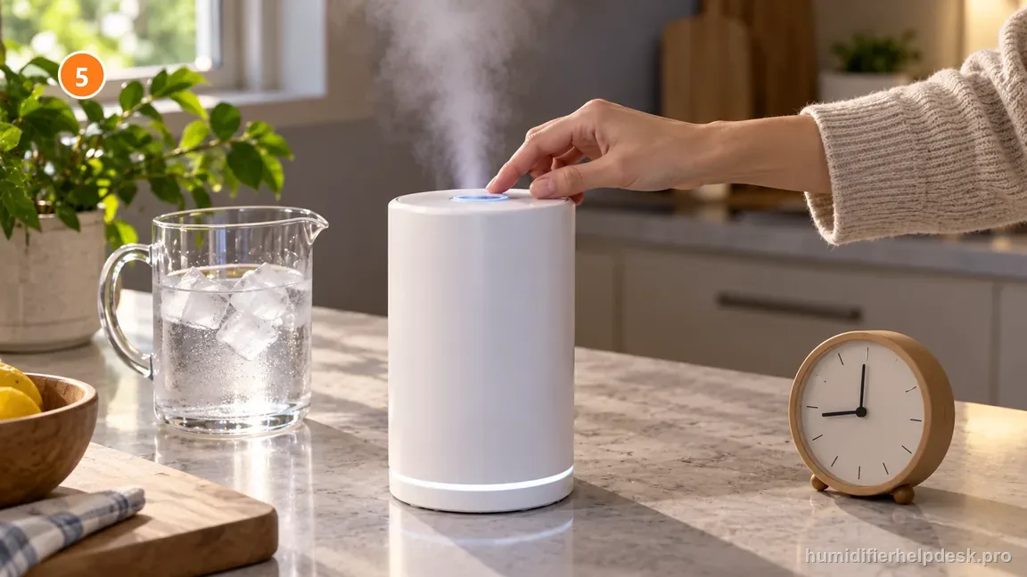 A compact humidifier runs with a stronger cool-mist plume while its top control is raised beside cold water.