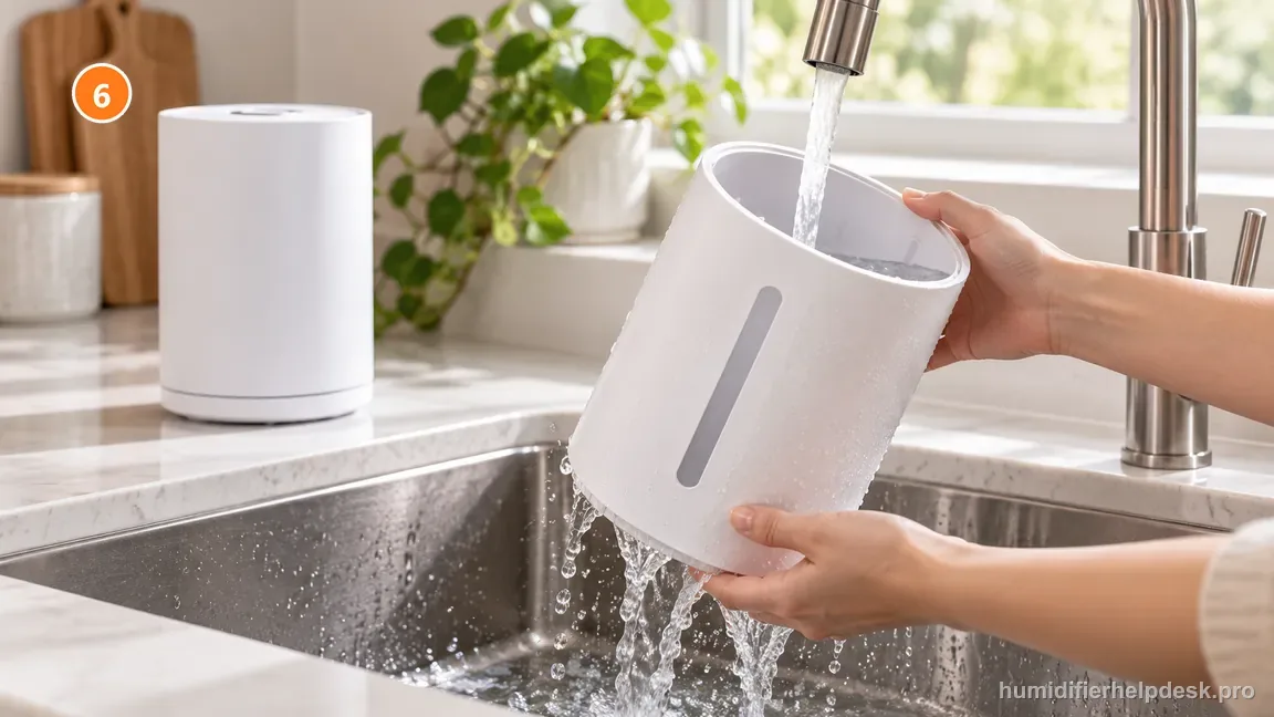 The detached water tank is rinsed with clean water at a sink while the intact humidifier base stays on the counter.