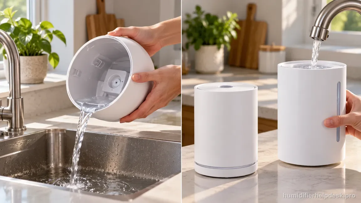 Two unplugged humidifier states compare safely emptying an overfilled reservoir with refilling only the detached tank.