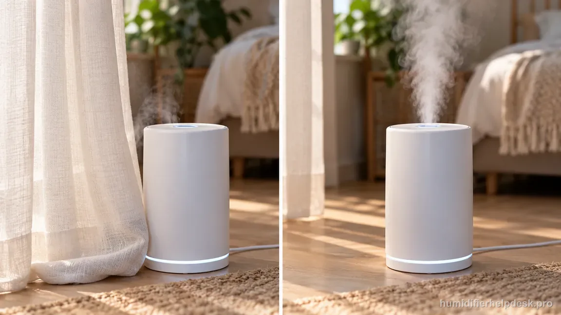 A curtain close to the humidifier accompanies a weak plume; moving it away leaves the air path clear.
