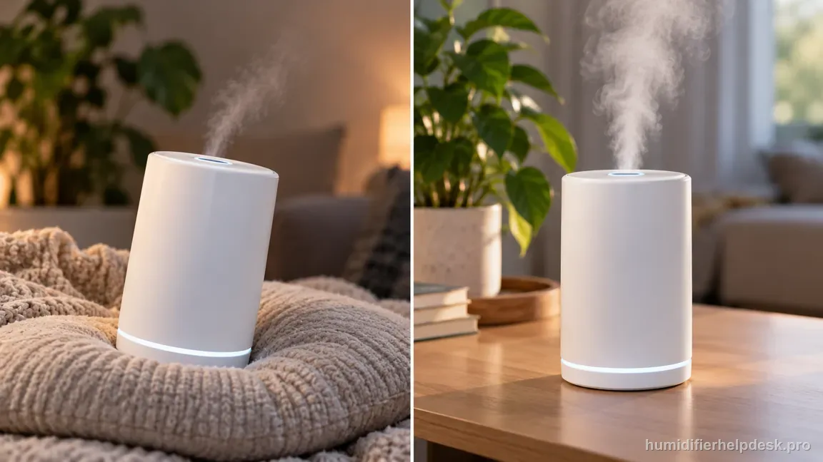 Two humidifier placements compare a soft uneven cushion with a rigid tabletop and steady upright placement.