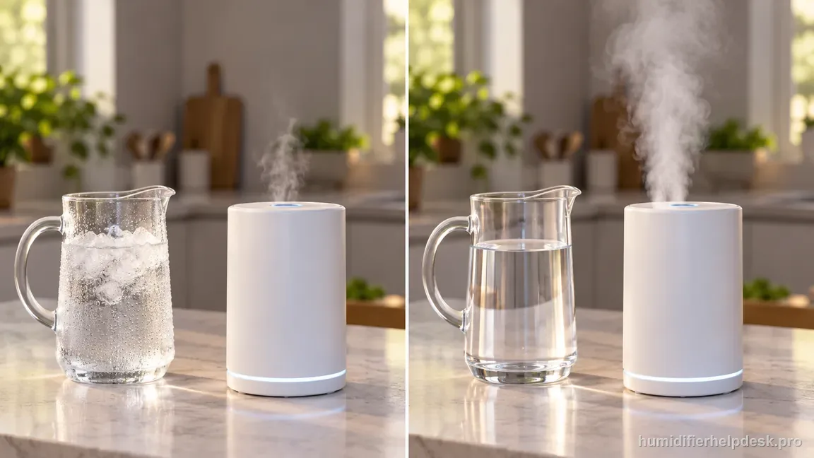A side-by-side comparison shows faint mist beside ice water and a stronger plume beside room-temperature water.