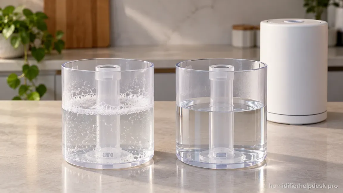 Two detached humidifier tanks compare lingering detergent foam with a clear-water rinse that has no suds.