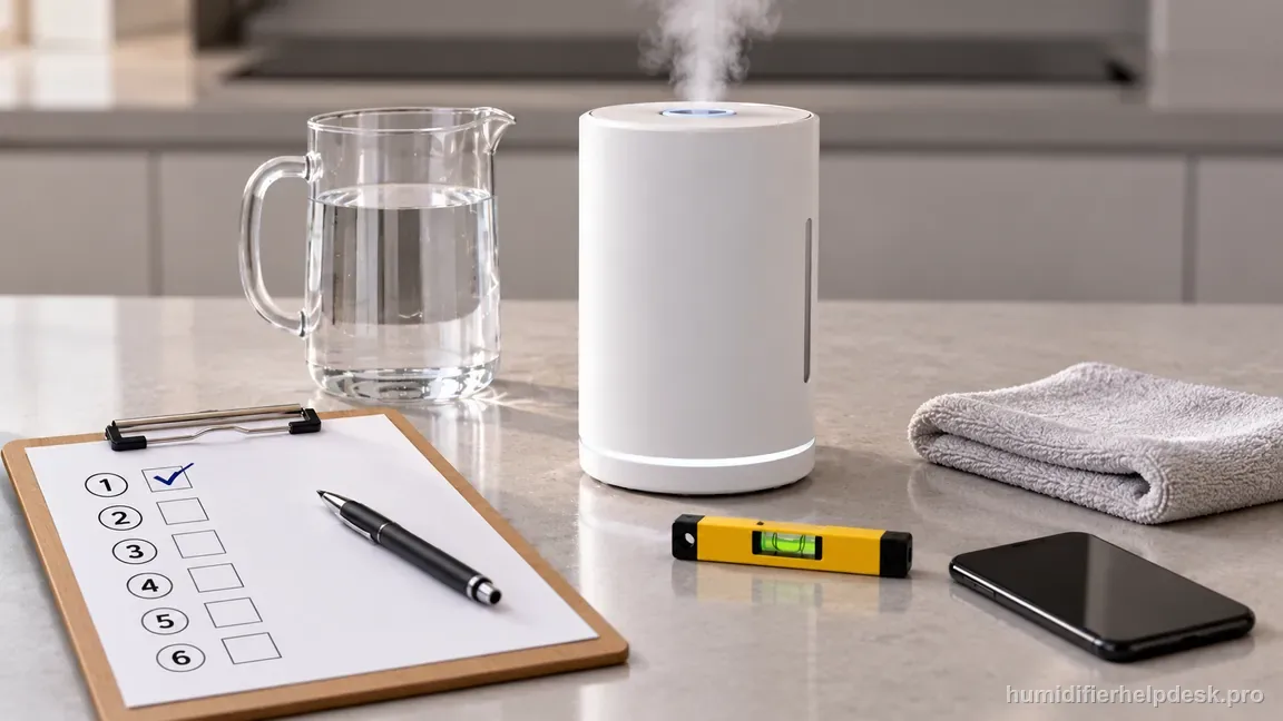 A six-step checklist beside the HM306S, water pitcher, level, phone and cloth has only its first step checked.