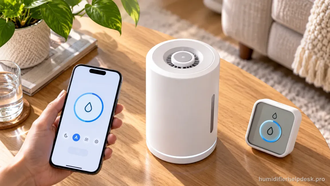 The HM306S has no mist while a room hygrometer reads 38% and a nearby phone shows Auto mode selected.