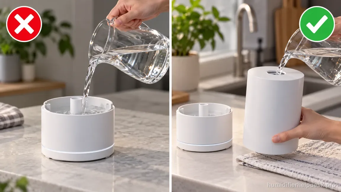 A comparison marks pouring water into the base as wrong and filling only the detached water tank as correct.