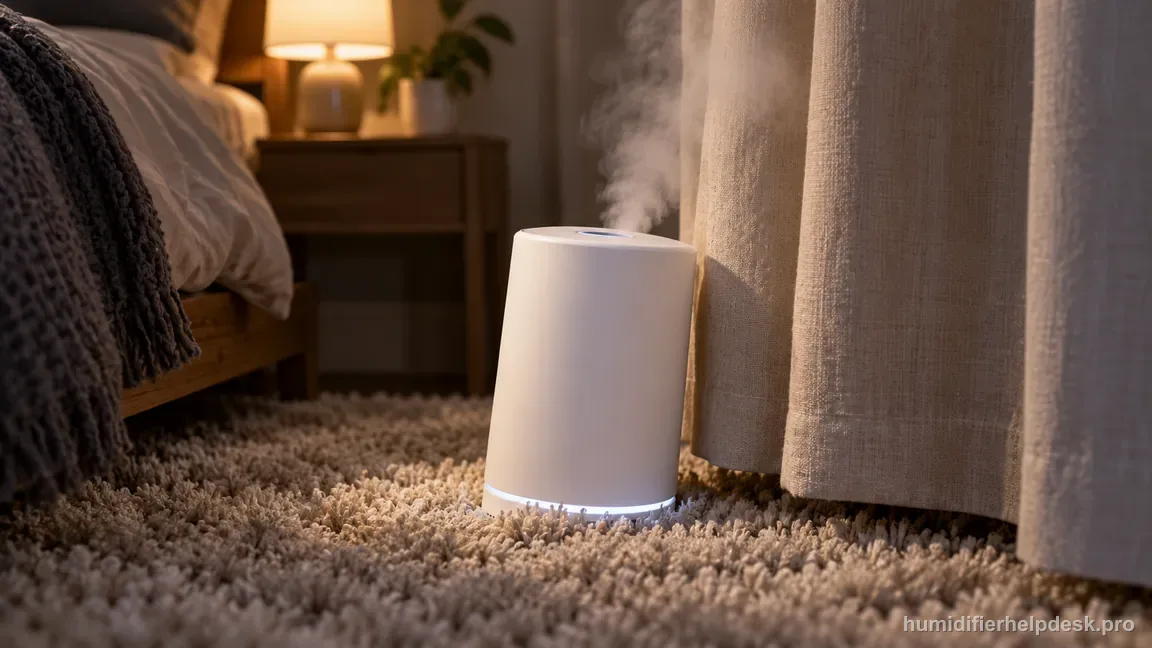 A humidifier sits unevenly on thick carpet that covers the lower inlet, with a curtain close to its nozzle.