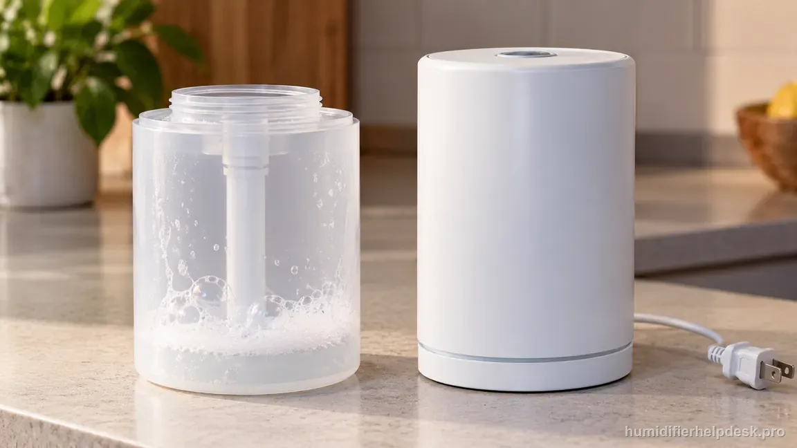 A detached tank still contains detergent bubbles beside an unplugged dry humidifier base.