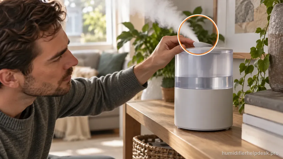 A person gently tilts the Dreo HM311S top fog outlet away from its sensor side before comparing readings.