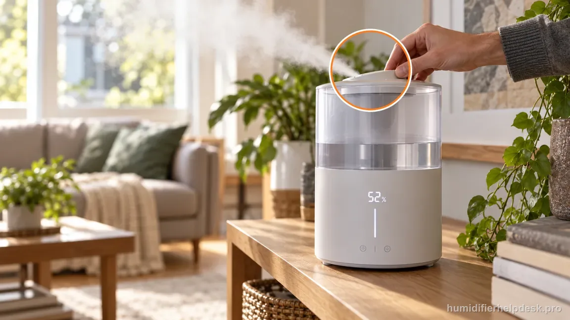 A hand adjusts the Dreo HM311S top fog outlet so mist disperses into open room air away from the sensor side.