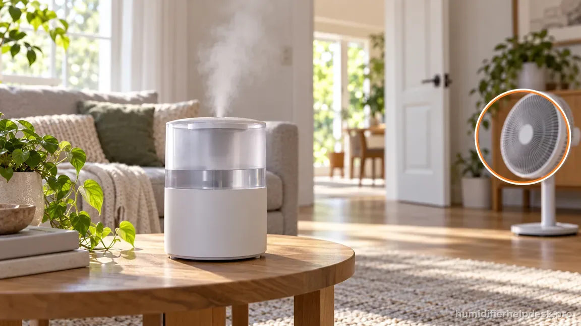 The Dreo HM311S sits in an open room while a small fan circulates air several feet away and toward open space.