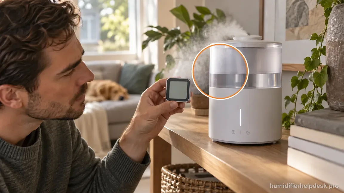 A person compares a room hygrometer beside a Dreo HM311S while nearby mist disperses around the unit.