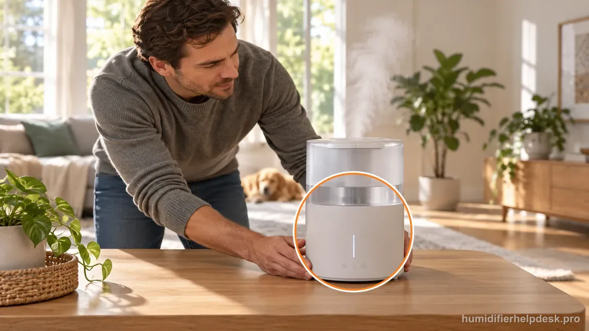 A person moves the Dreo HM311S from a corner to an open, level table with more room-air circulation.