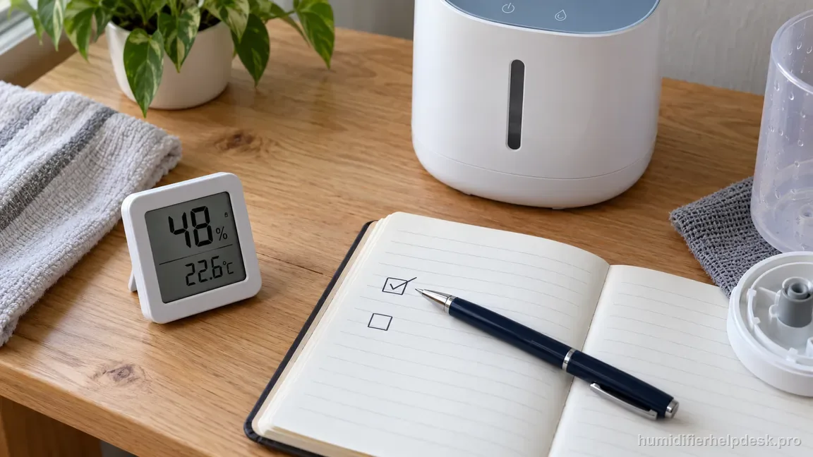 An overhead humidity-check workspace shows a separate digital hygrometer beside the Dreo HM311S and a logbook with one comparison box checked.