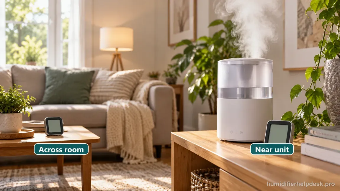 Two hygrometers sit in different room locations, one near the humidifier and one across the room, in different microclimates.