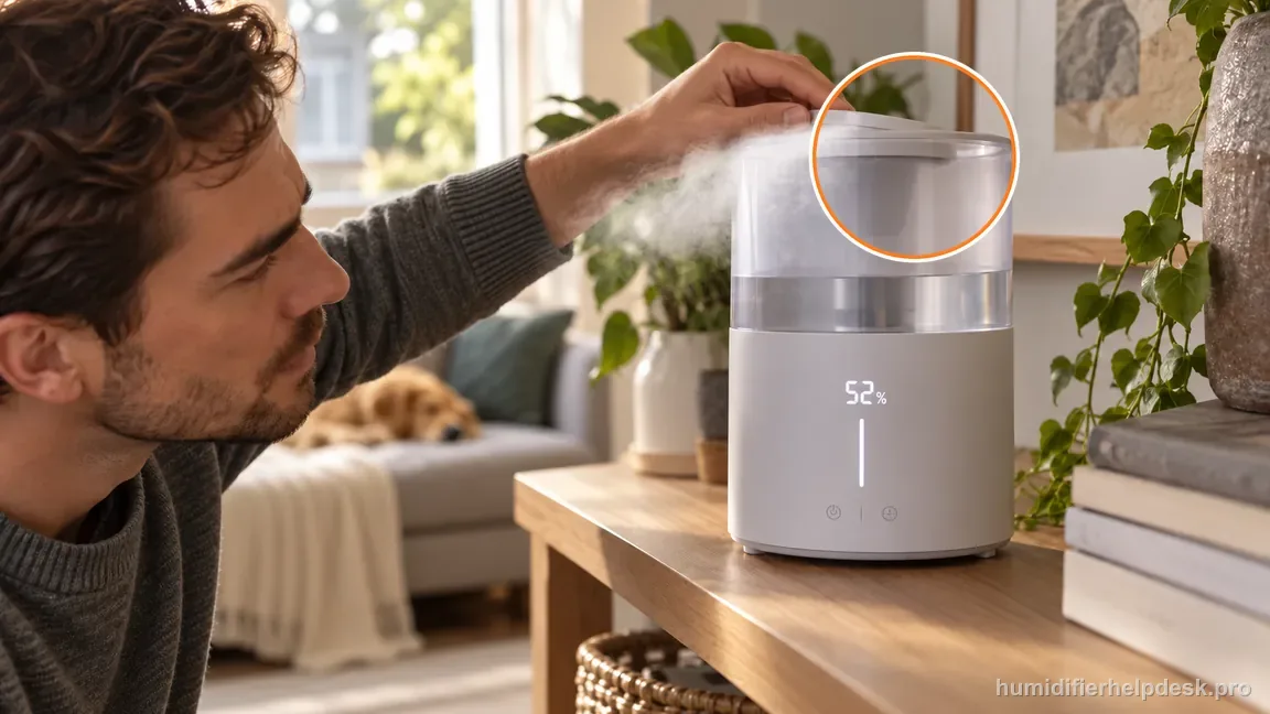A hand points the Dreo HM311S tilting fog outlet back toward the humidifier's upper sensor area.