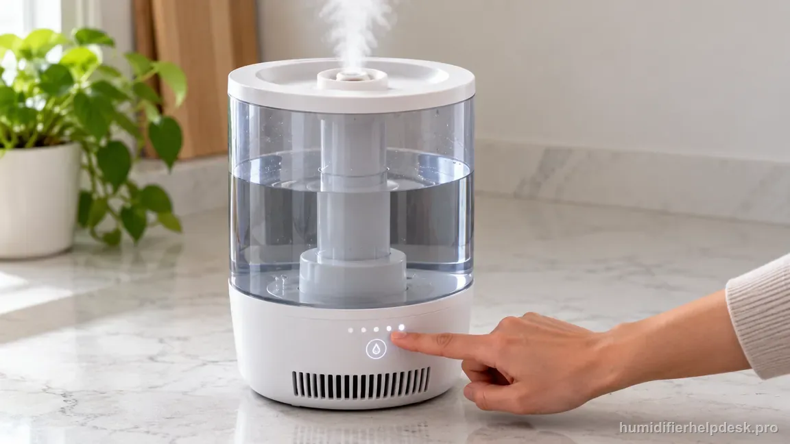 A hand presses the HM311S touch control to its highest mist setting as a visible cool-mist plume begins at the nozzle.