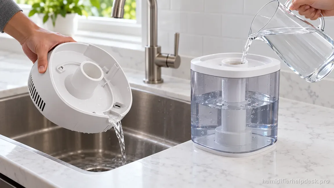 Excess water drains from the unplugged HM311S base chamber into a sink while a separate pitcher refills the tank, not the base.