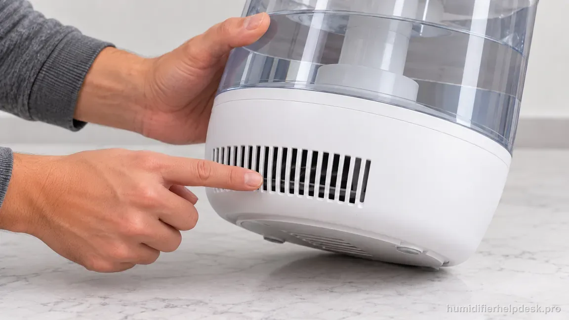 The unplugged HM311S is tilted carefully to inspect its clear lower air-inlet grille without inserting a finger into the slots.