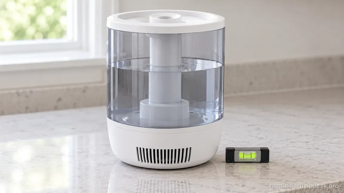 The complete HM311S stands upright on a firm flat counter beside a bubble level showing an even horizontal surface.