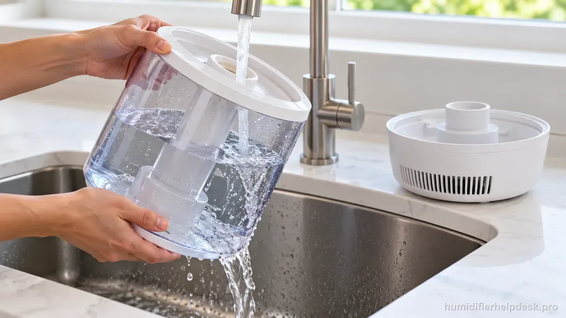 The removed HM311S tank is rinsed thoroughly with clean water while its unplugged base remains dry and set aside.