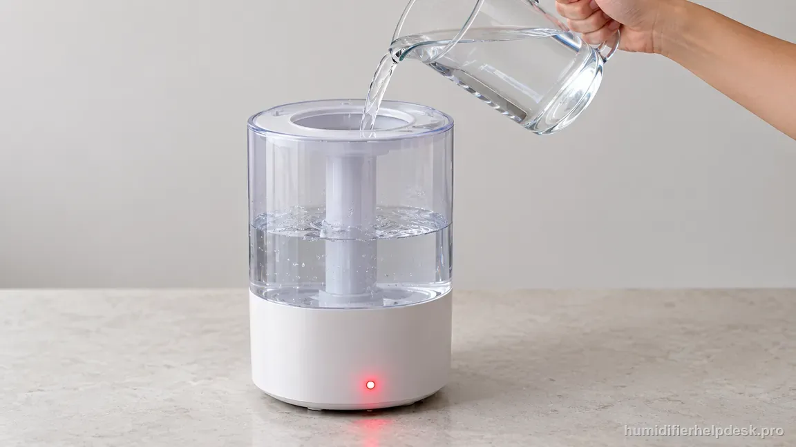 Clean water is poured through the HM311S top-fill opening while the front low-water indicator is still red.