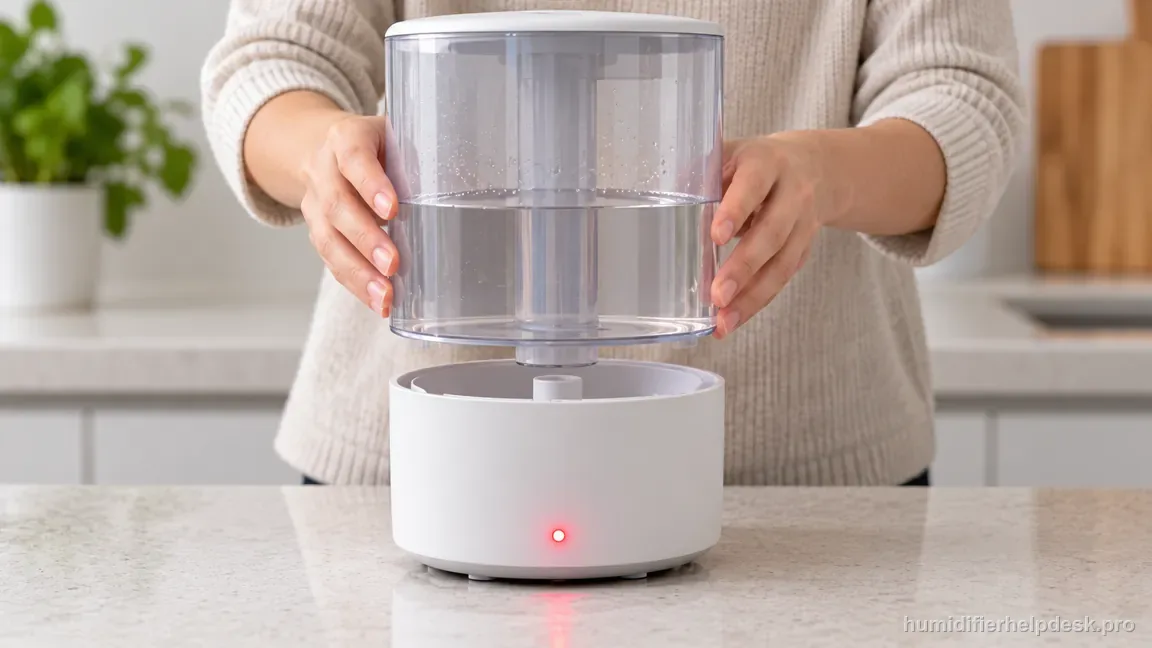 The HM311S translucent tank is held squarely above its unplugged white base for careful reseating as the red indicator remains visible.