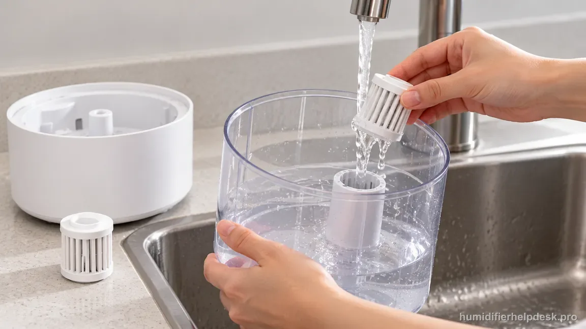 The removable HM311S water-filter cartridge is rinsed under clean tap water with a replacement cartridge beside the removed tank.