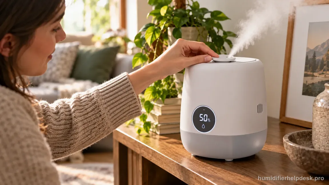 A hand rotates the HM512S top mist outlet away from the humidity-sensor vent near the aroma-tank side.