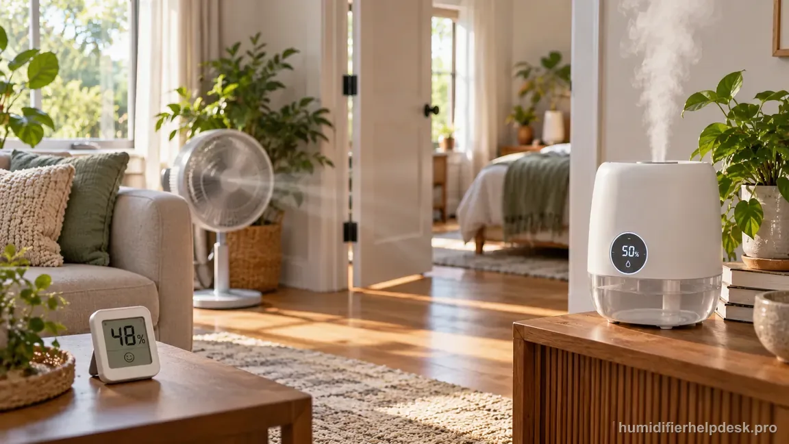 The HM512S runs in a room with an open doorway and fan circulating air while a separate hygrometer sits away from the mist.