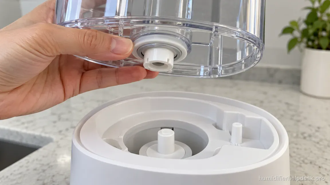 The Dreo HM512S outlet-valve ring is visible under the removed tank, seated flat around the valve.