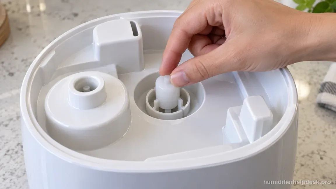A hand checks the user-accessible float in the dry Dreo HM512S base reservoir with the tank removed.