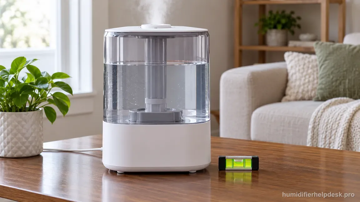 The Dreo HM512S sits upright and motionless on a firm level table beside a bubble level.
