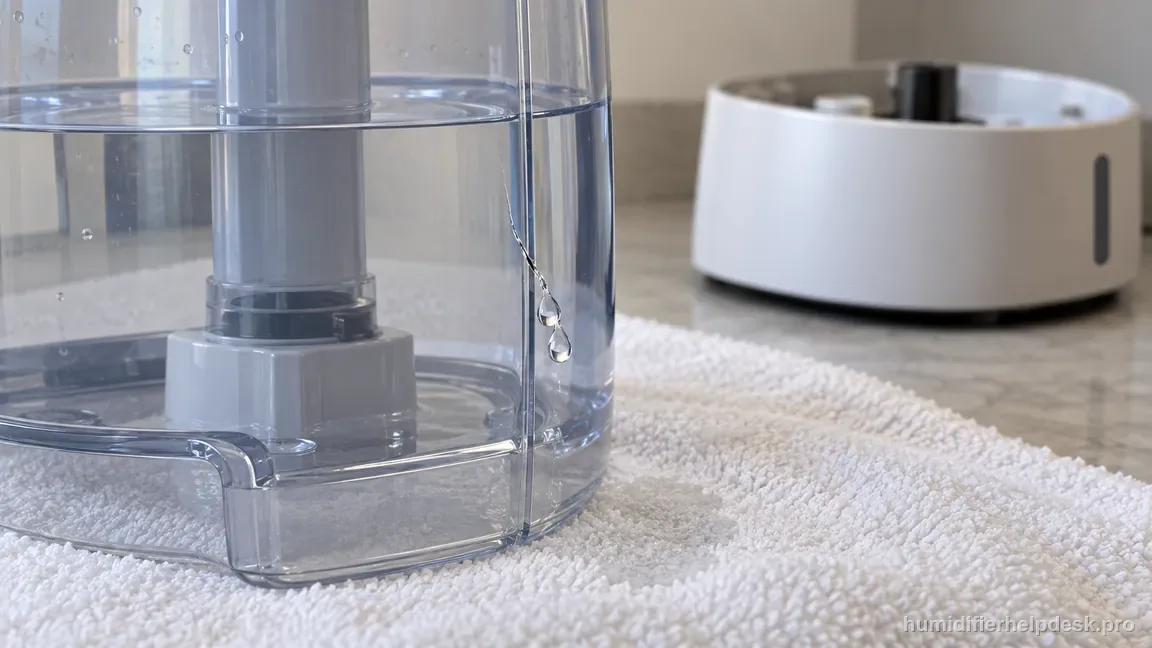 A small droplet forms at a crack in the separated Dreo HM512S clear tank above an absorbent towel.