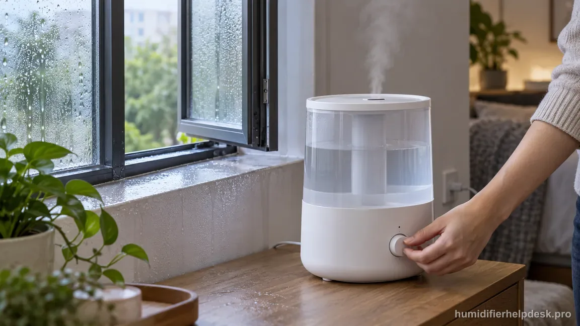 The Dreo HM512S is on low output in a humid room with visible window condensation, not water escaping from its base.
