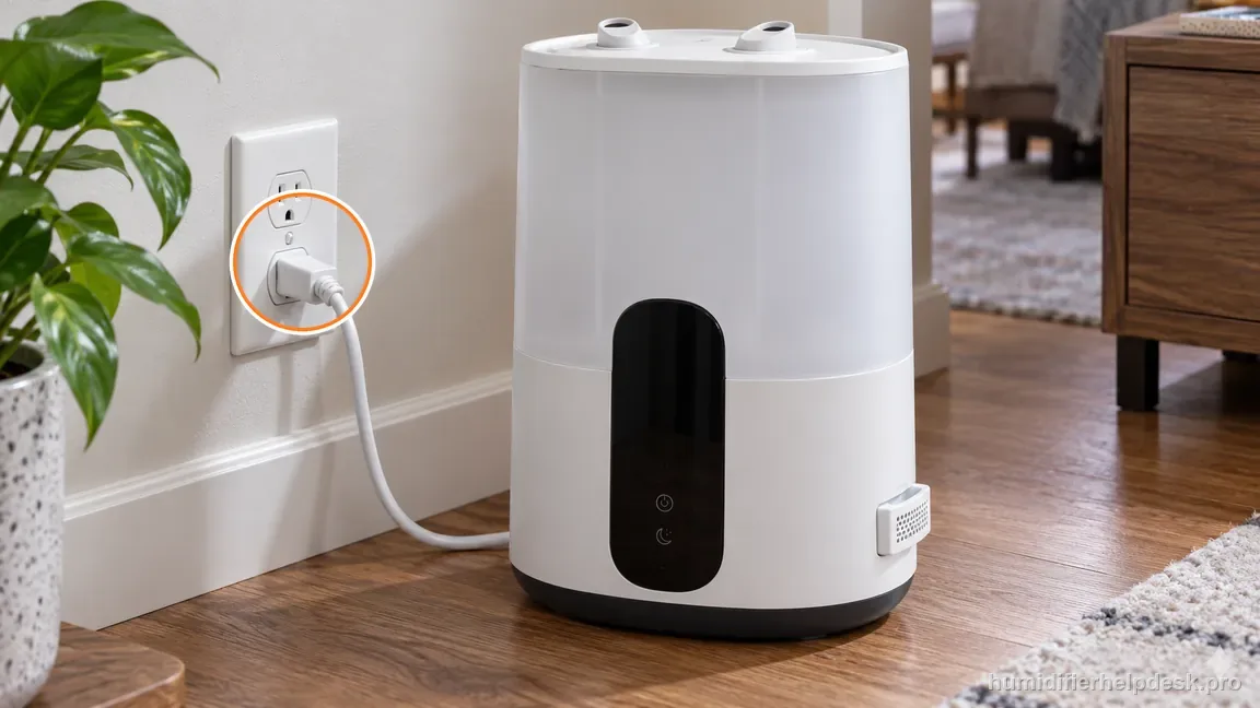 The Dreo HM512S cord is plugged into a wall outlet beside the humidifier.