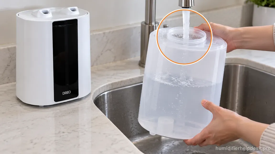 The removed HM512S water tank is filled at a sink while its base stays dry.