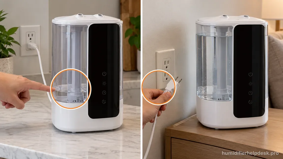 A split diagnostic scene contrasts low water with a disconnected power cord.