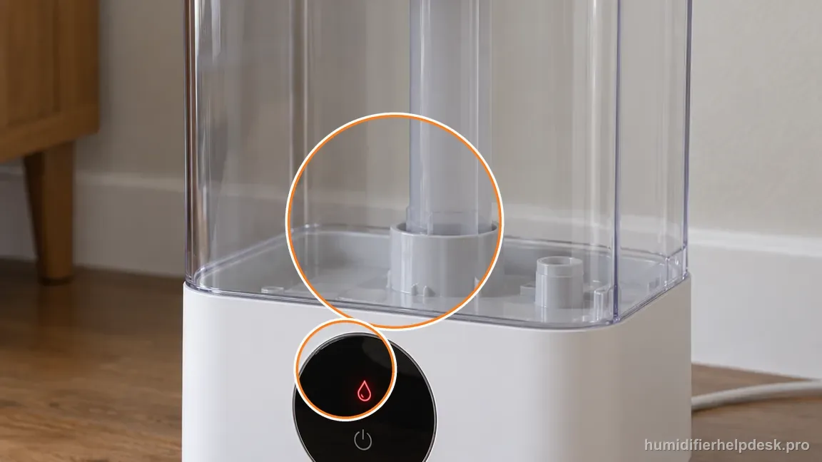 Instructional photo: the HM512S clear tank is empty and its red water-droplet indicator is lit.