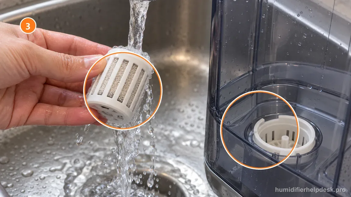 Instructional repair photo: the HM512S mesh water-filter cartridge is rinsed under clean running water.