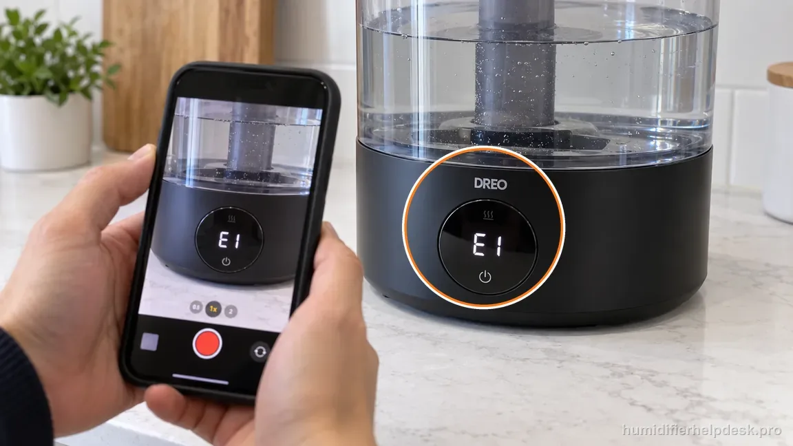 A phone records E1 from the circular front display of the black Dreo HM524S before the humidifier is unplugged.