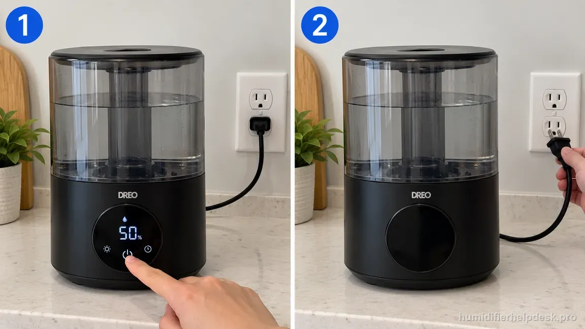 A finger presses the circular power control on the Dreo HM524S while its disconnected power plug rests on the counter.