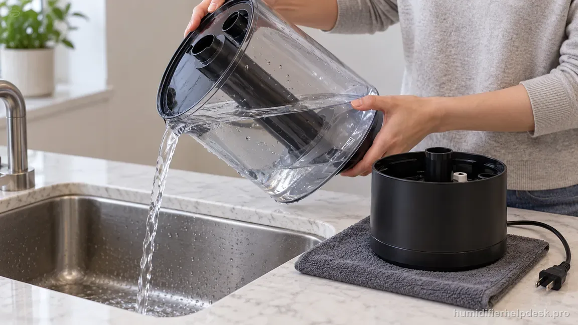 Water is poured from the detached clear HM524S tank into a sink while the unplugged black base stays upright on a towel.
