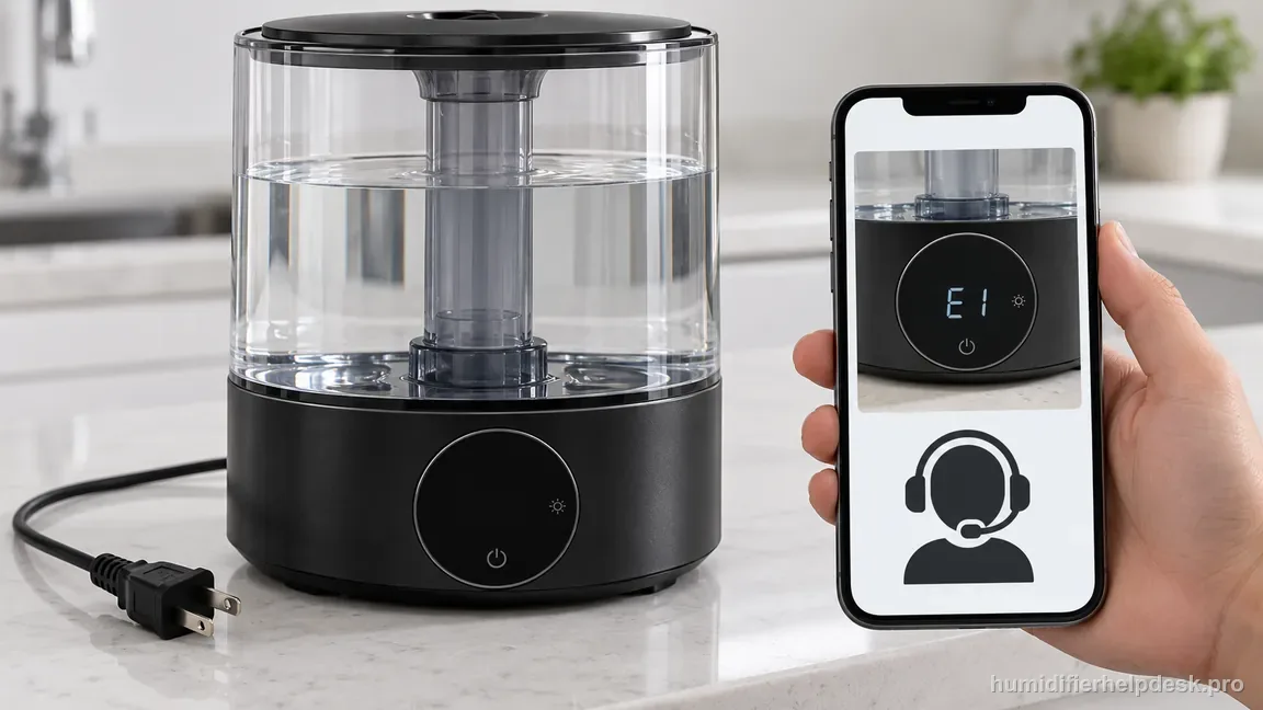 The unplugged HM524S with dark circular display sits beside a phone holding a saved E1 photo and a support contact icon.