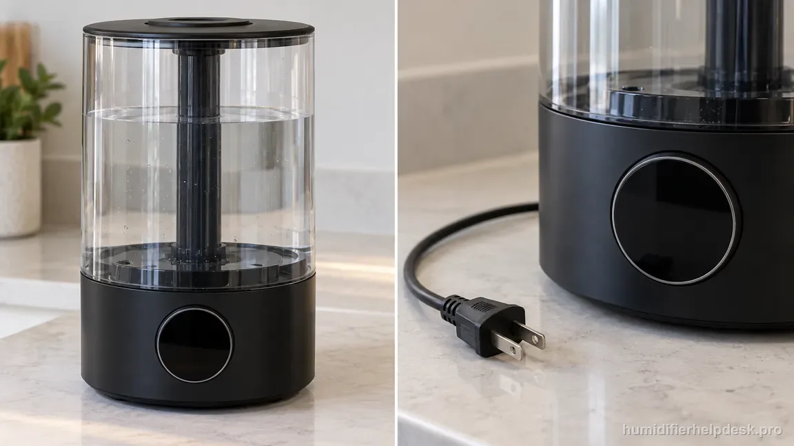 The Dreo HM524S circular display is dark and a close-up shows its two-prong plug disconnected from the outlet.