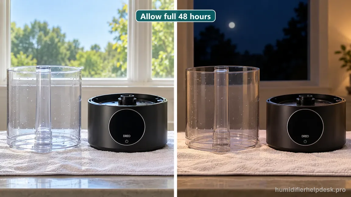 The HM524S base and detached tank dry separately through daylight and night with the circular display dark.